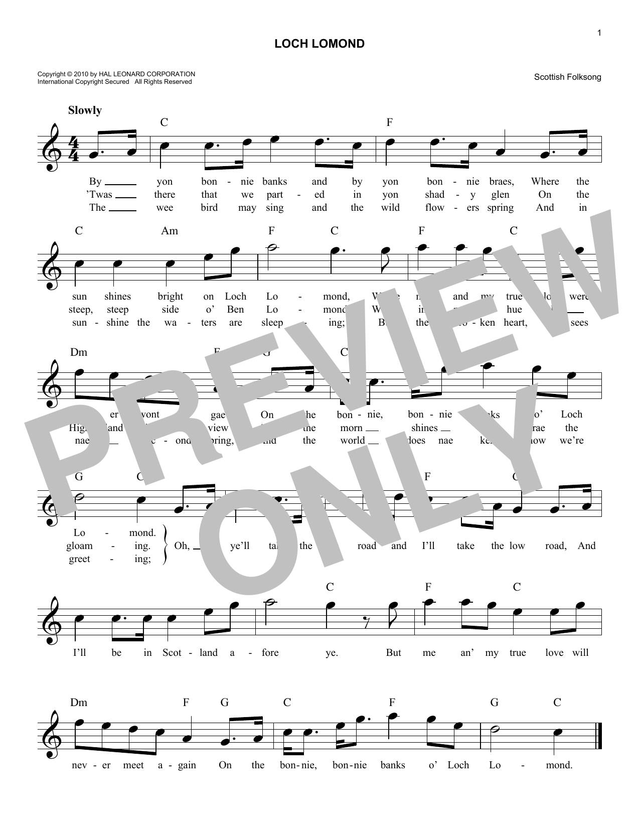 Loch Lomond (Lead Sheet / Fake Book) von Scottish Folksong