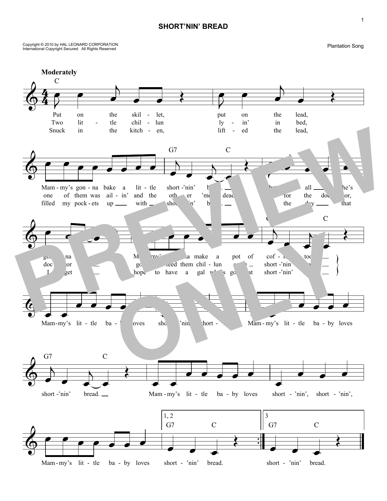 Short'nin' Bread (Lead Sheet / Fake Book) von Plantation Song