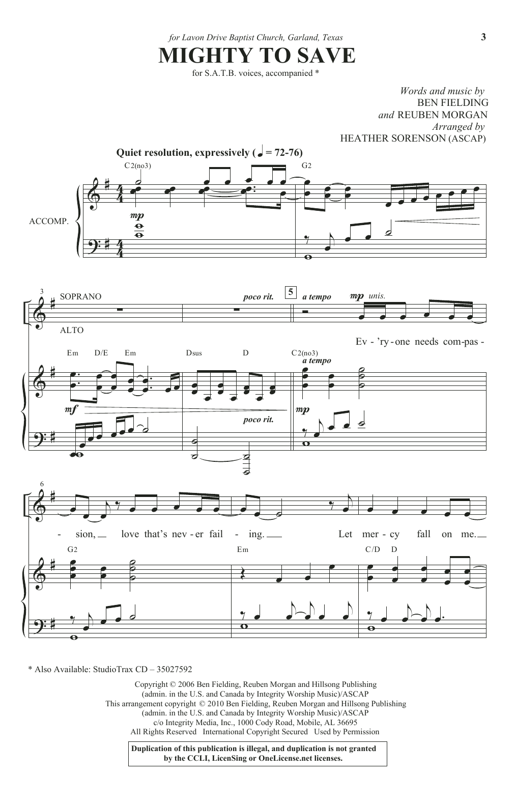 Mighty To Save (arr. Heather Sorenson) (SATB Choir) von Ben Fielding & Reuben Morgan