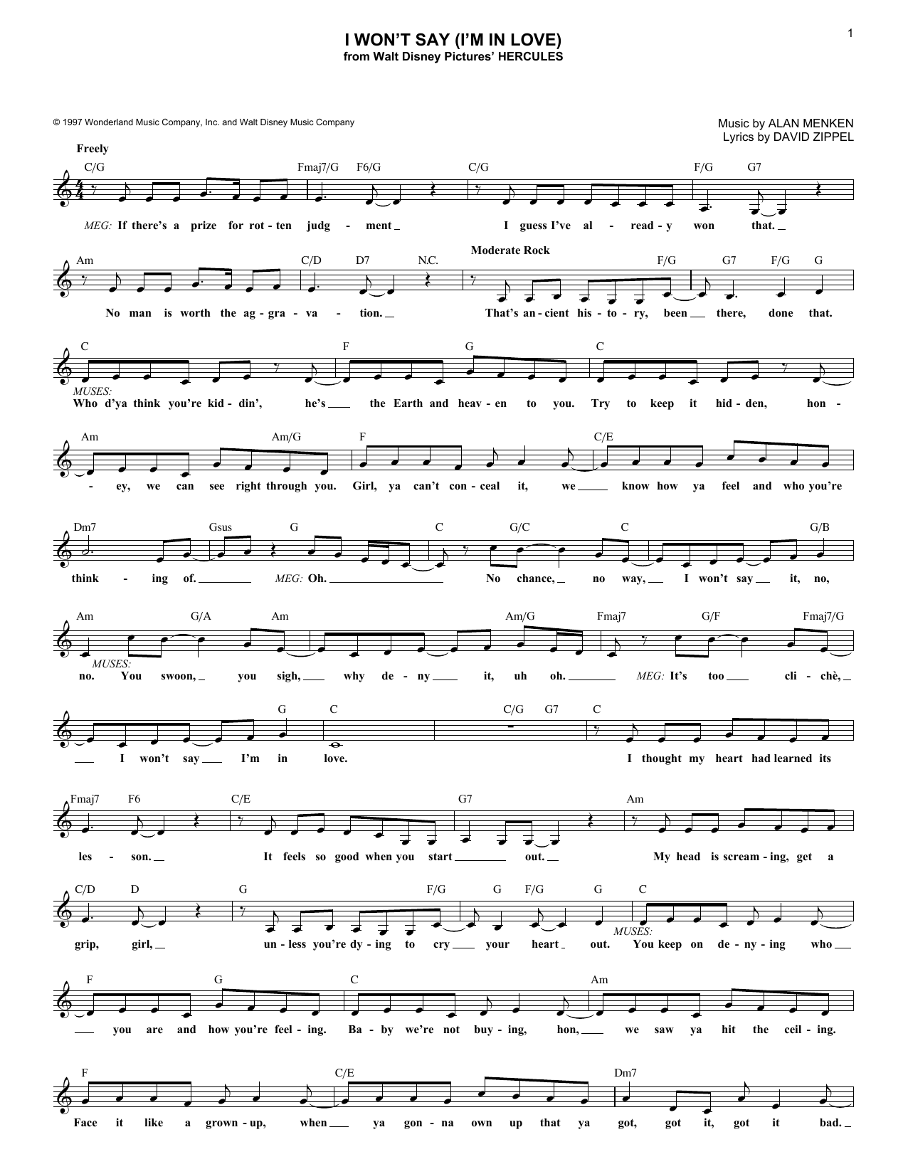 I Won't Say (I'm In Love) (Lead Sheet / Fake Book) von Alan Menken