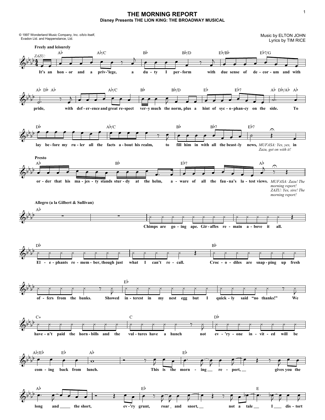 The Morning Report (from The Lion King: Broadway Musical) (Lead Sheet / Fake Book) von Elton John