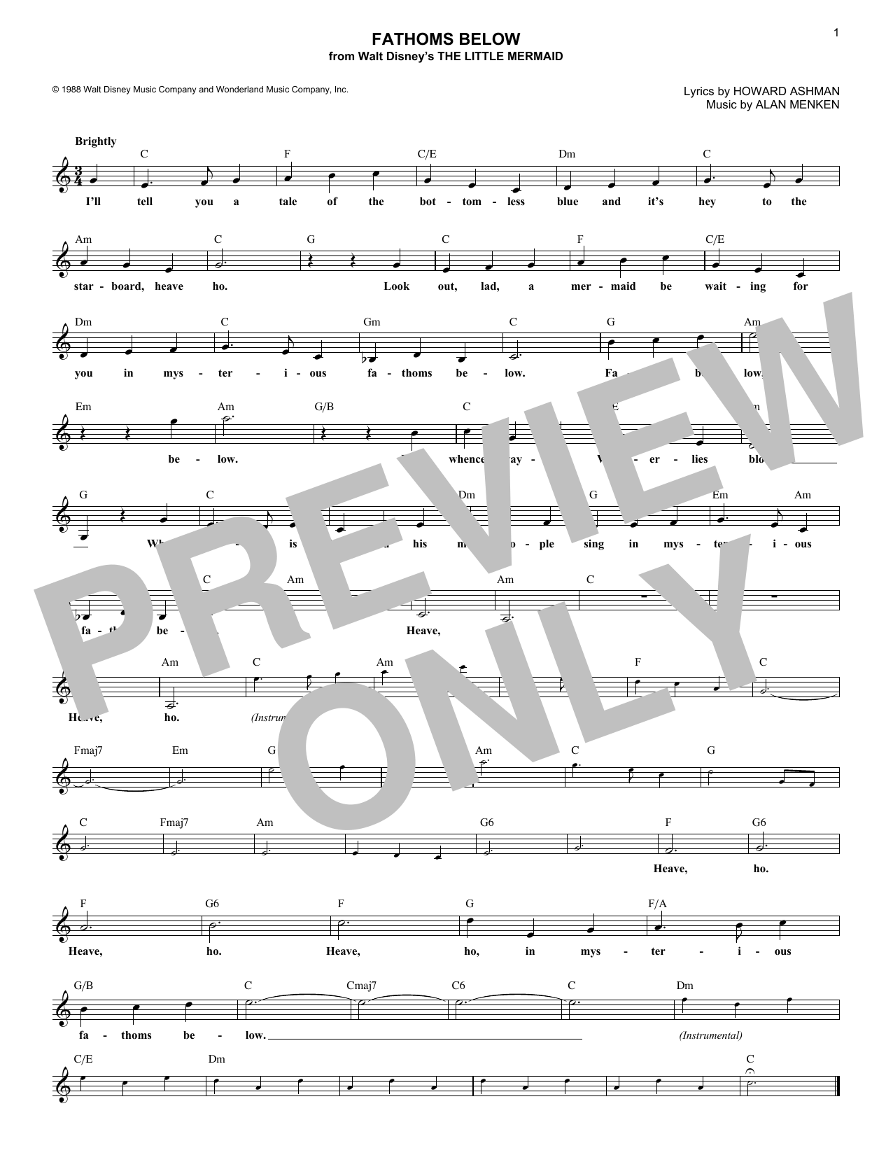 Fathoms Below (from The Little Mermaid) (Lead Sheet / Fake Book) von Alan Menken