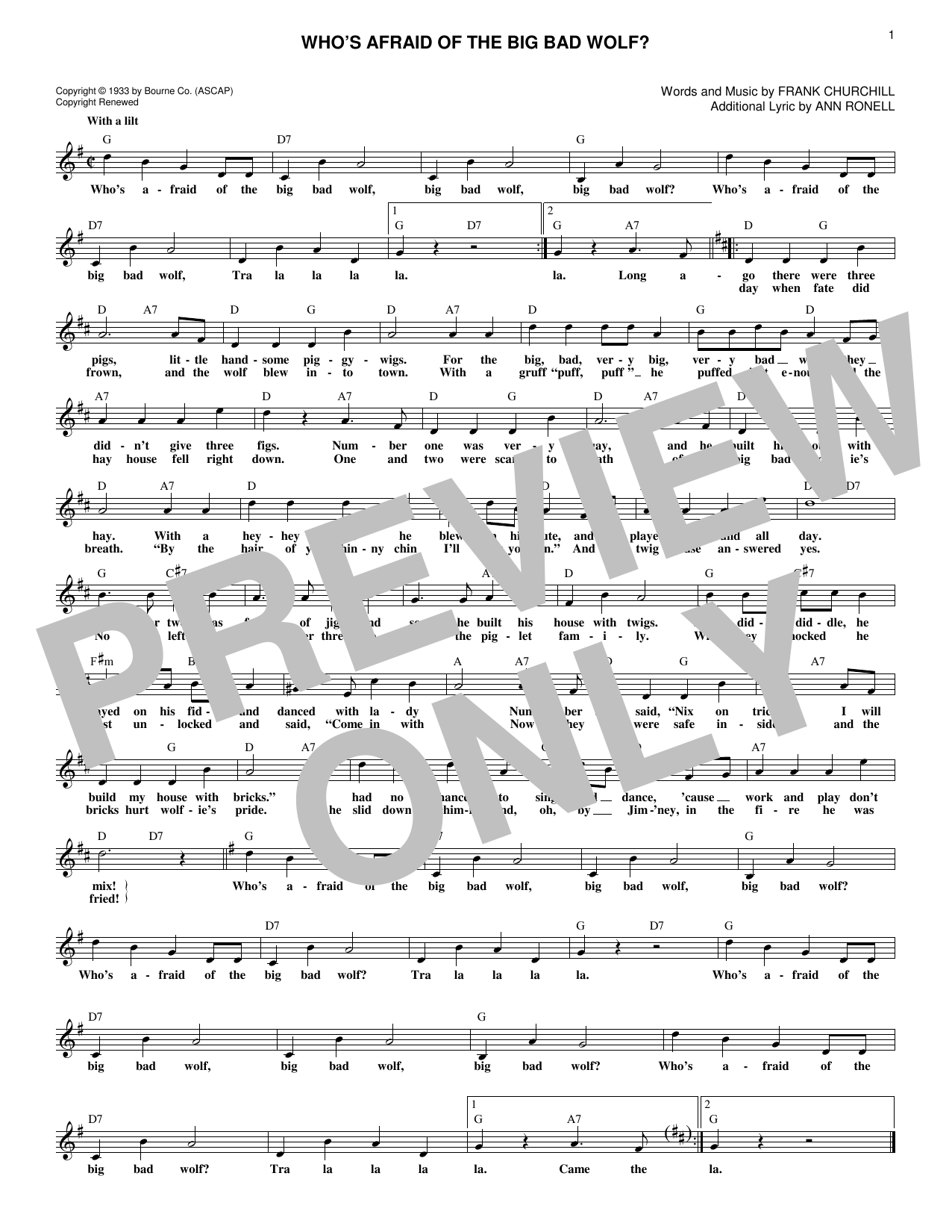 Who's Afraid Of The Big Bad Wolf? (from Three Little Pigs) (Lead Sheet / Fake Book) von Frank Churchill