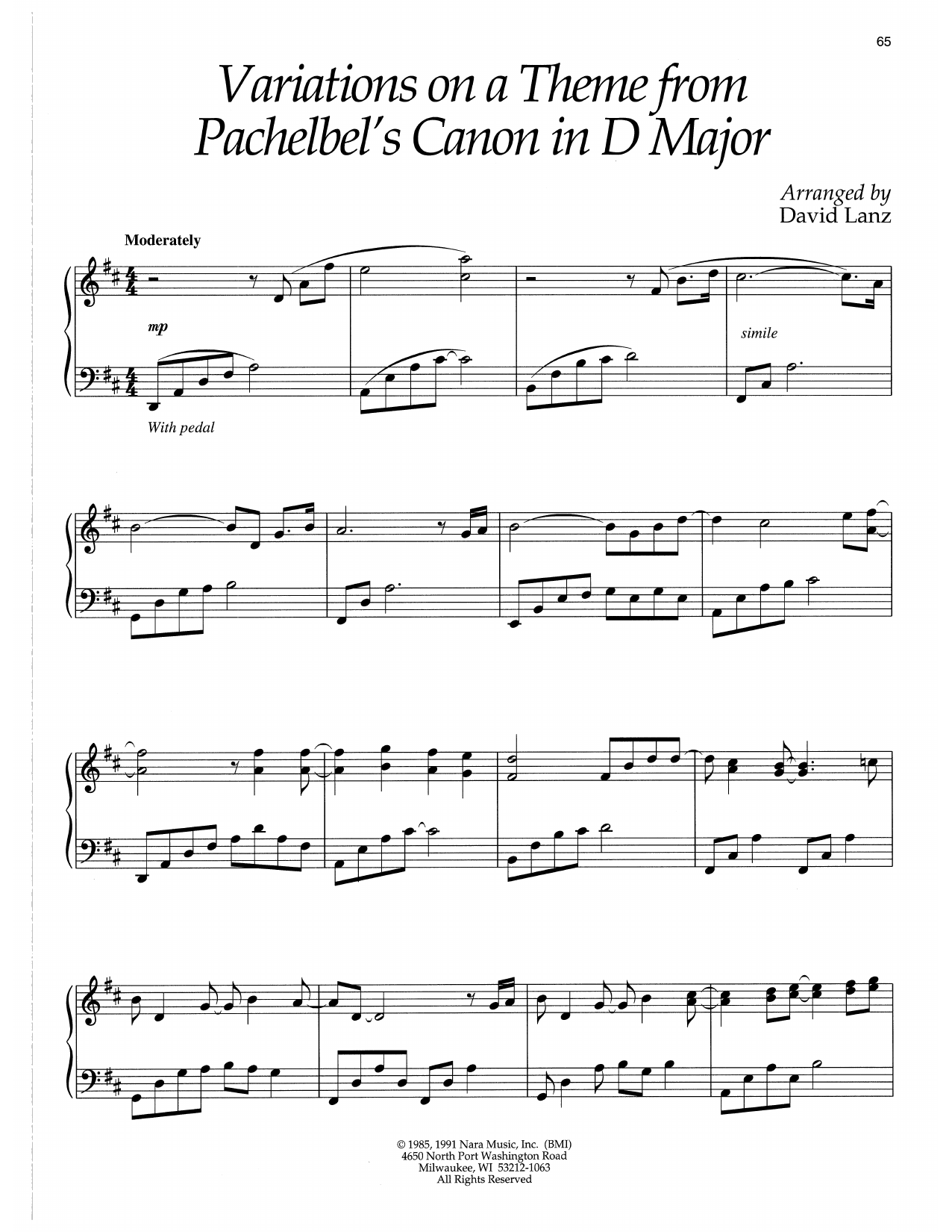 Variations On A Theme From Pachelbel's Canon In D Major (Piano Solo) von David Lanz
