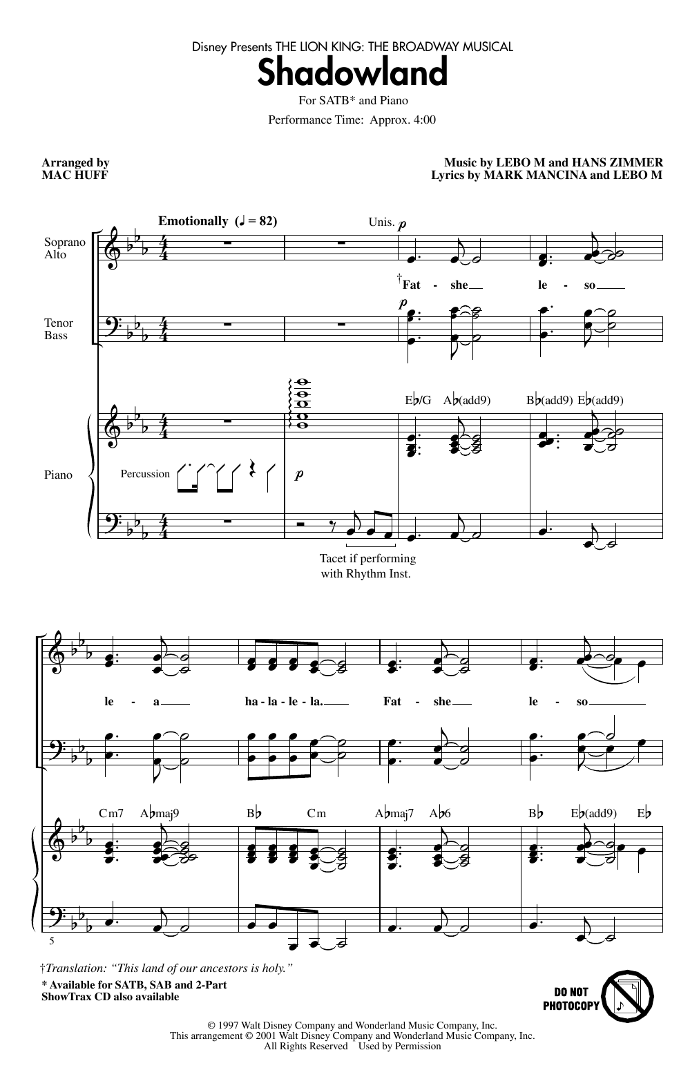 Shadowland (from The Lion King: Broadway Musical) (arr. Mac Huff) (SATB Choir) von Lebo M., Hans Zimmer and Mark Mancina