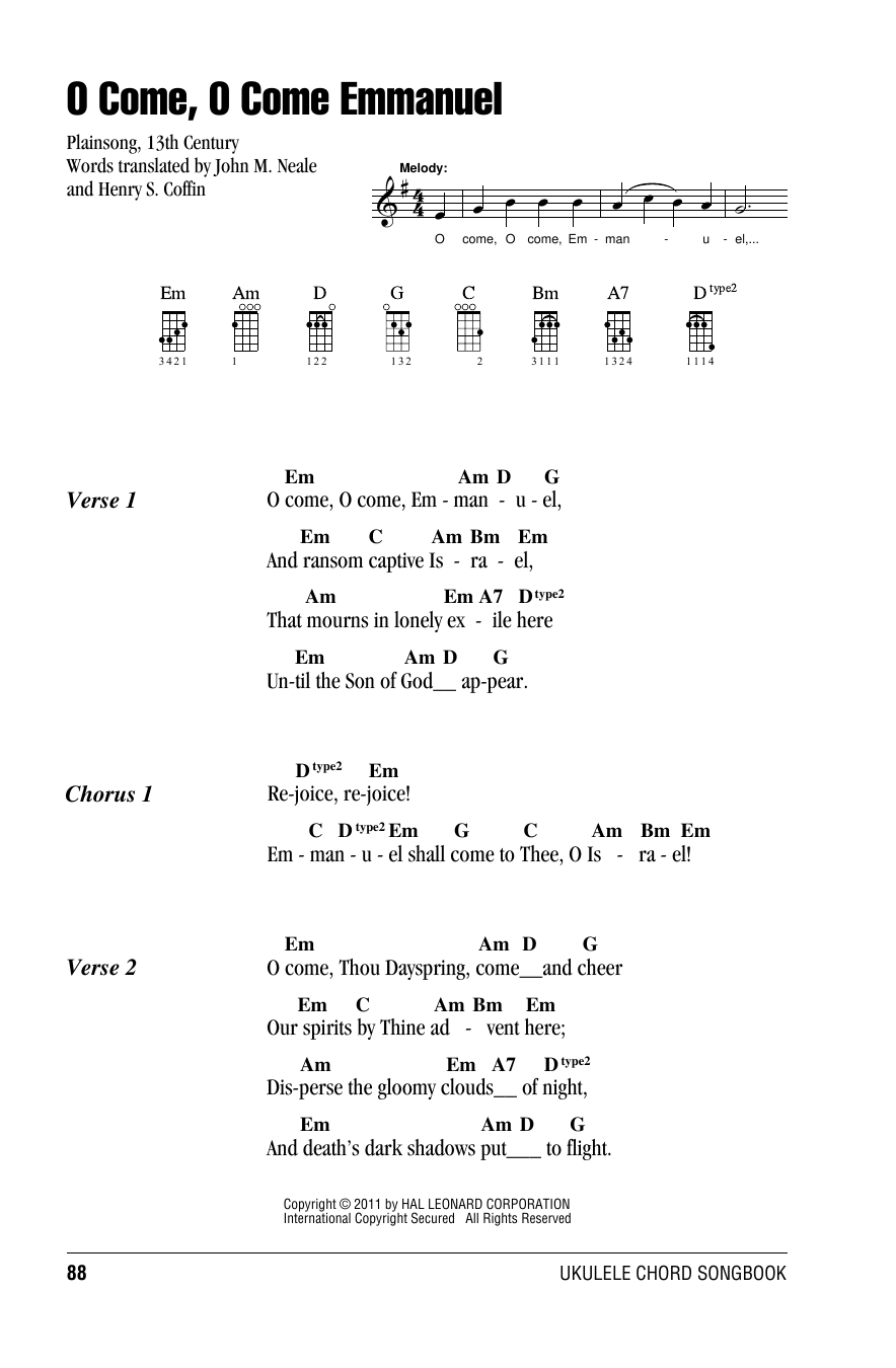 O Come, O Come Immanuel (Ukulele Chords/Lyrics) von Henry S. Coffin