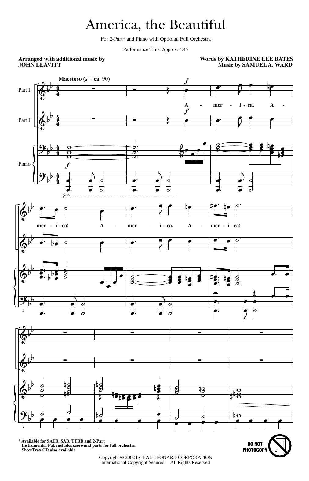 America, The Beautiful (arr. John Leavitt) (2-Part Choir) von Samuel A. Ward
