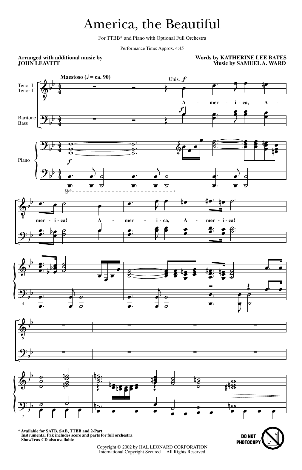 America, The Beautiful (arr. John Leavitt) (TTBB Choir) von Samuel A. Ward