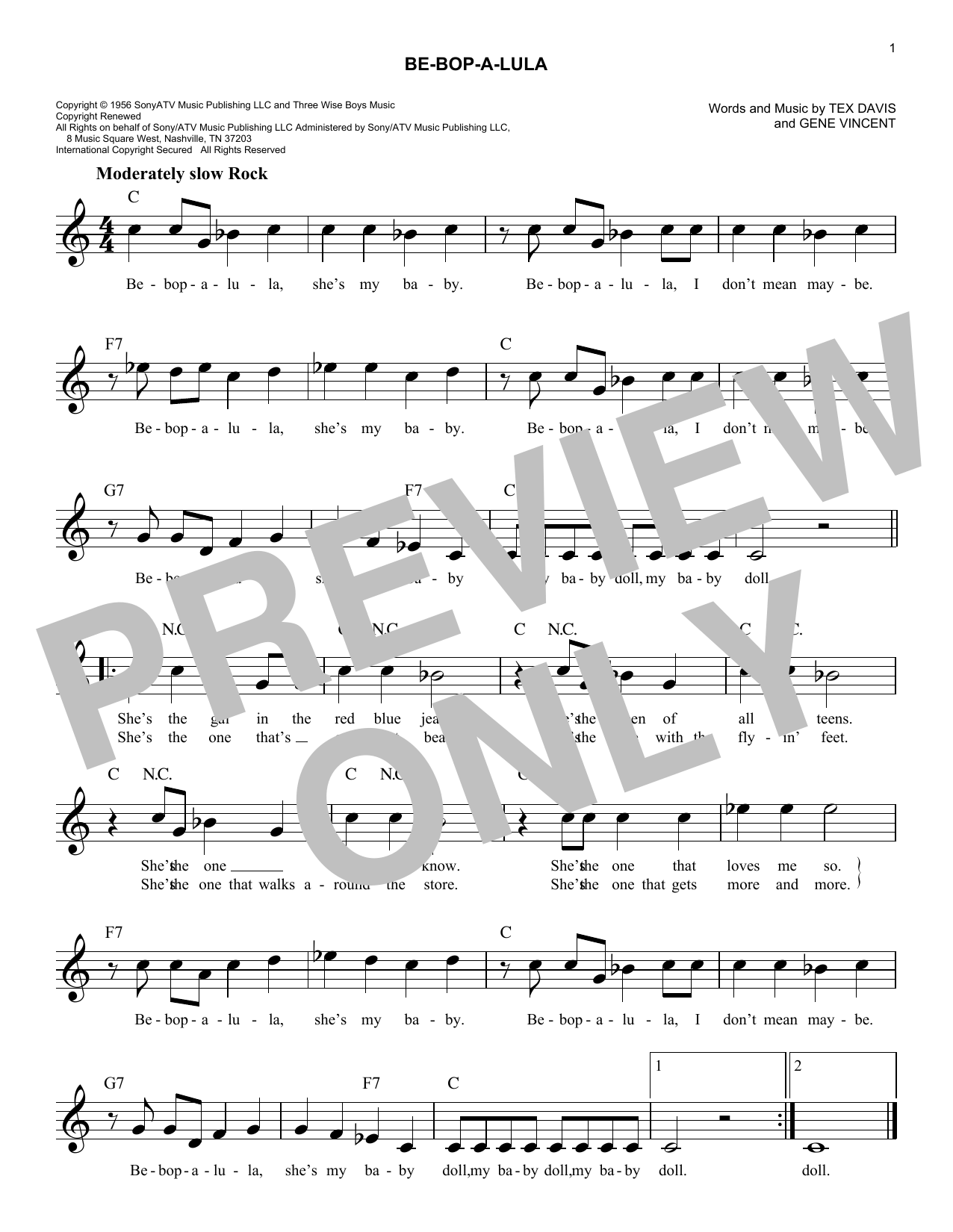 Be-Bop-A-Lula (Lead Sheet / Fake Book) von Gene Vincent