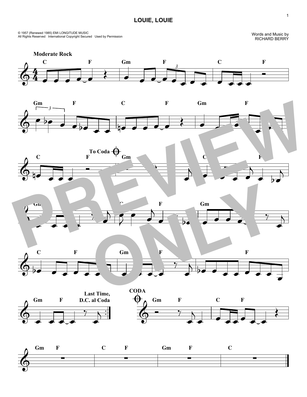 Louie, Louie (Lead Sheet / Fake Book) von Kingsmen