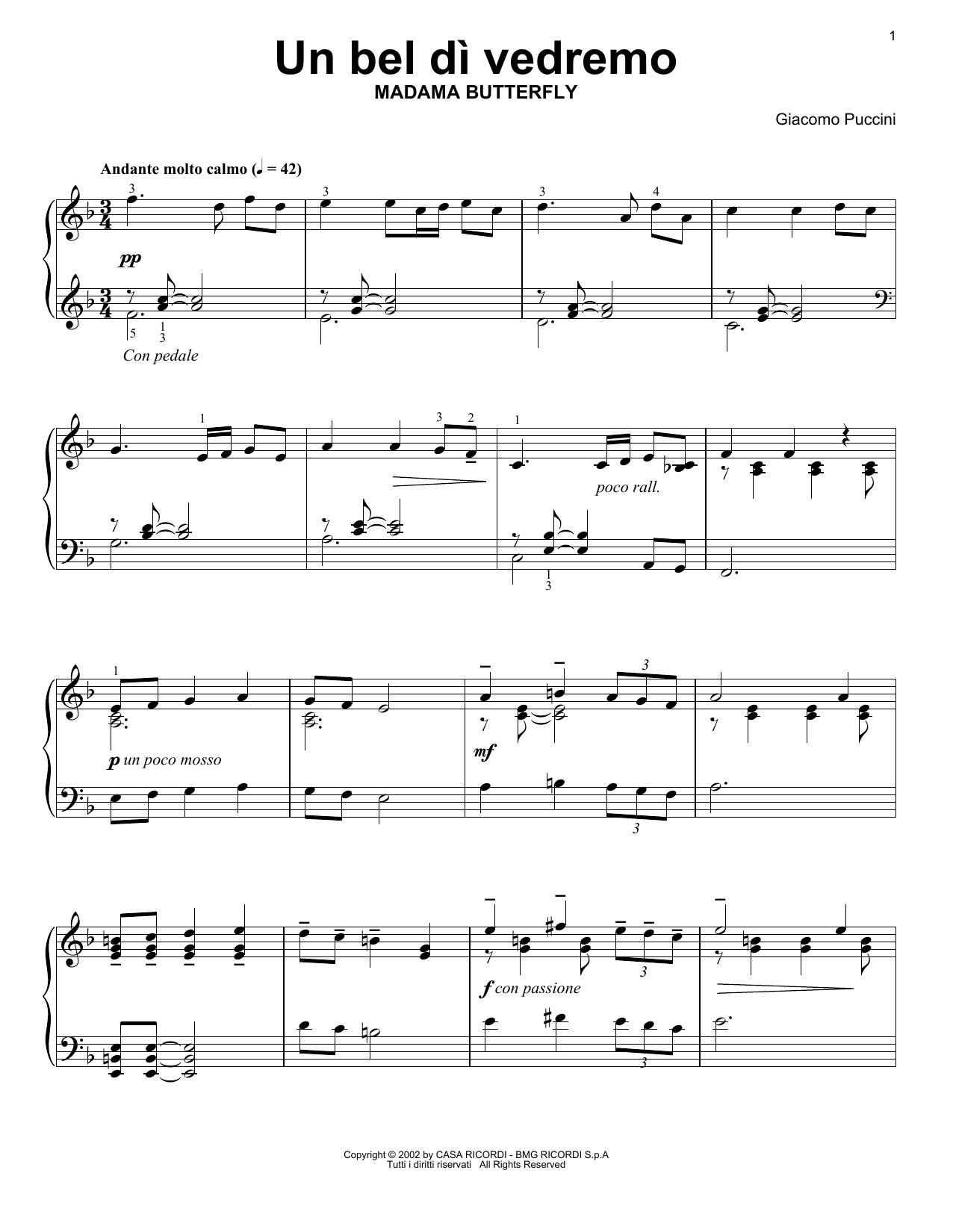 Un Bel Di Vedremo (Easy Piano Solo) von Giacomo Puccini