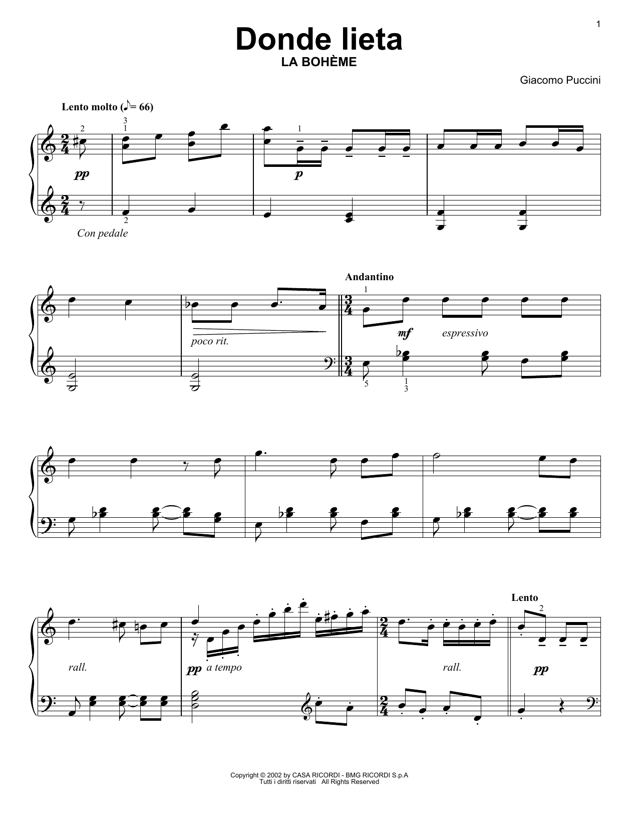 Donde Lieta (Easy Piano Solo) von Giacomo Puccini
