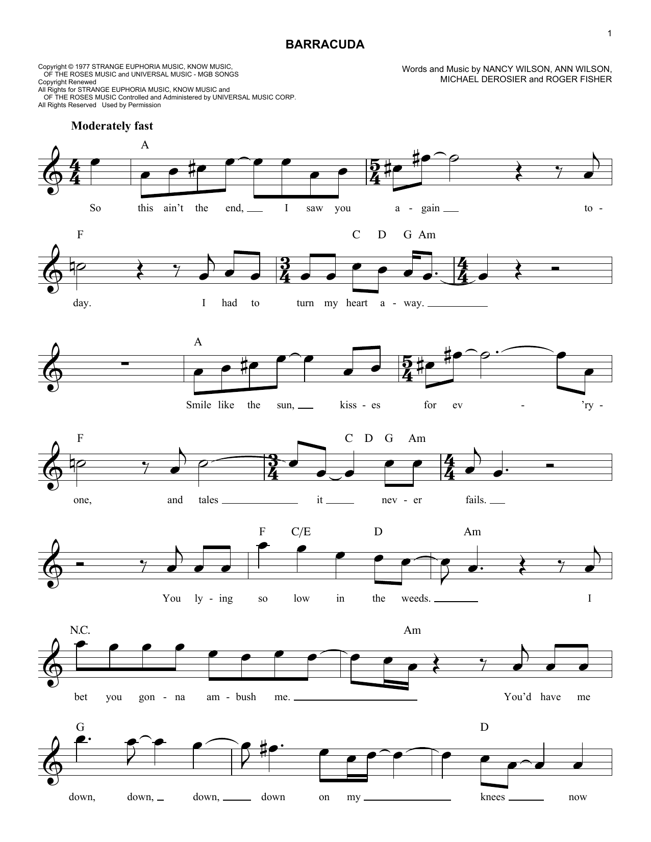 Barracuda (Lead Sheet / Fake Book) von Heart