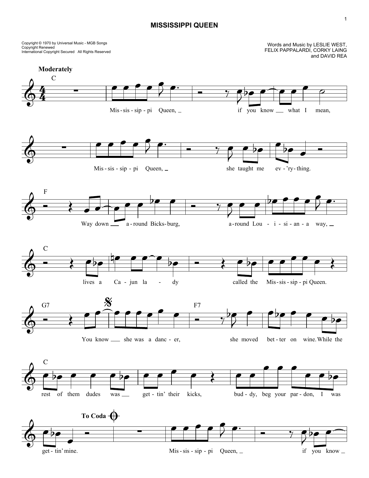 Mississippi Queen (Lead Sheet / Fake Book) von Mountain