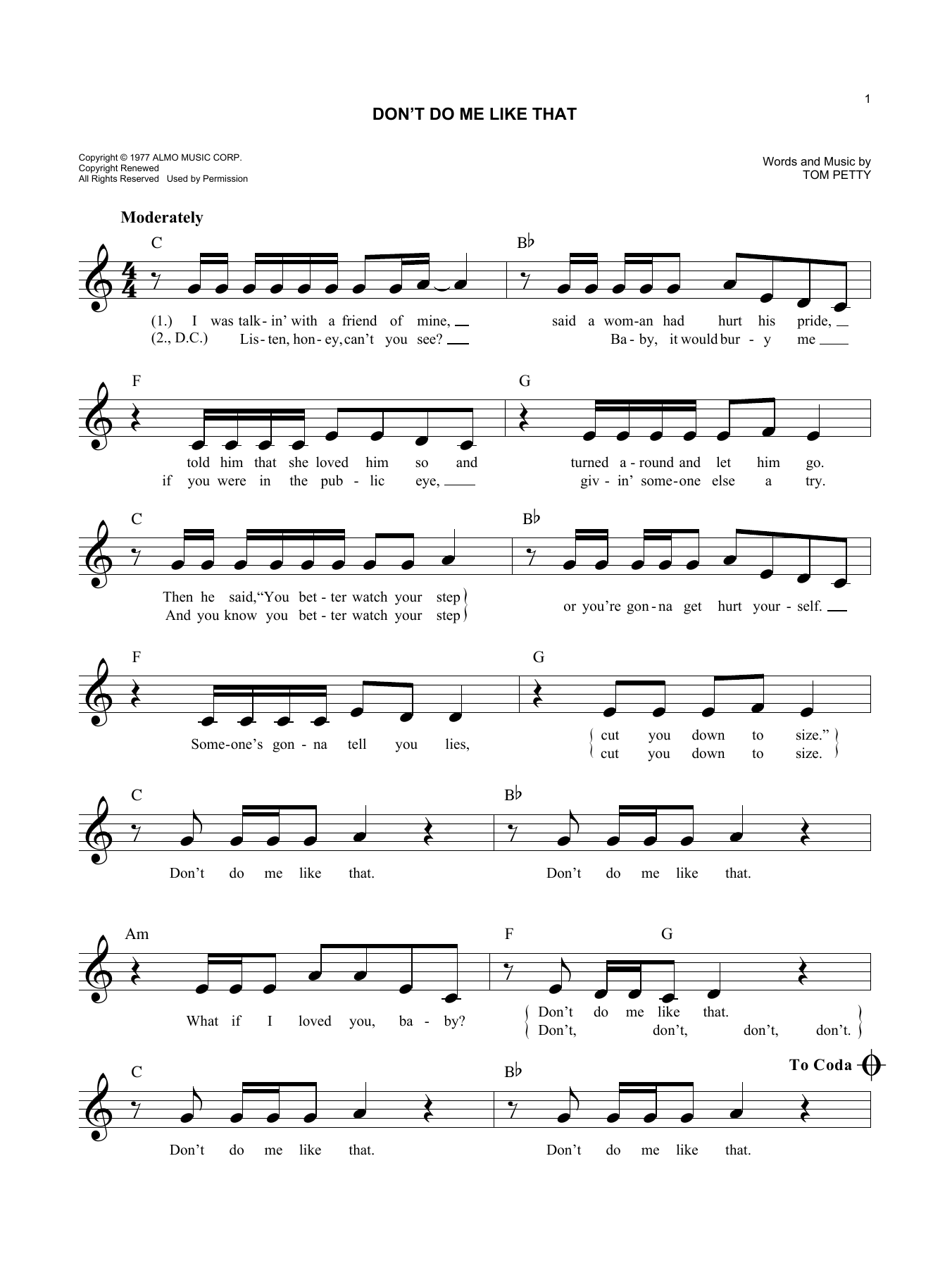 Don't Do Me Like That (Lead Sheet / Fake Book) von Tom Petty and the Heartbreakers