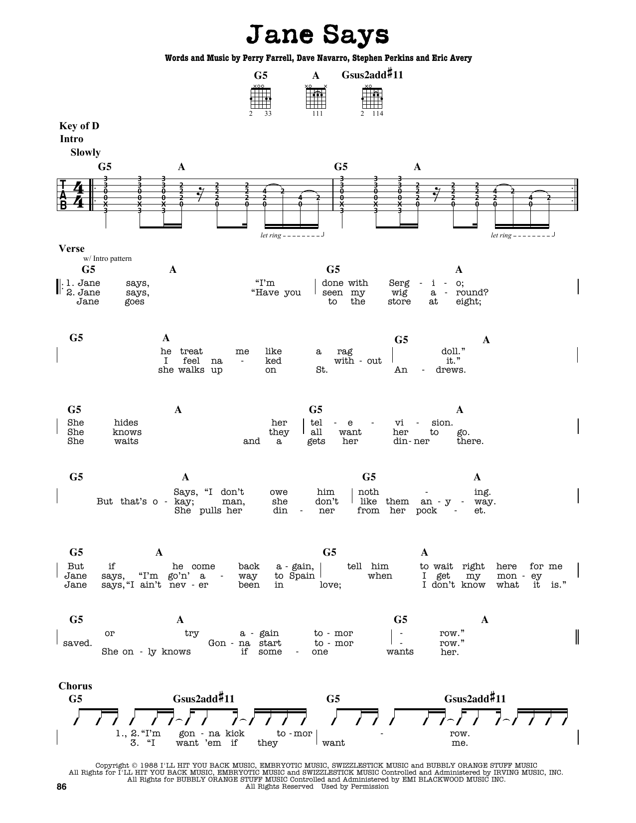 Jane Says (Guitar Lead Sheet) von Jane's Addiction