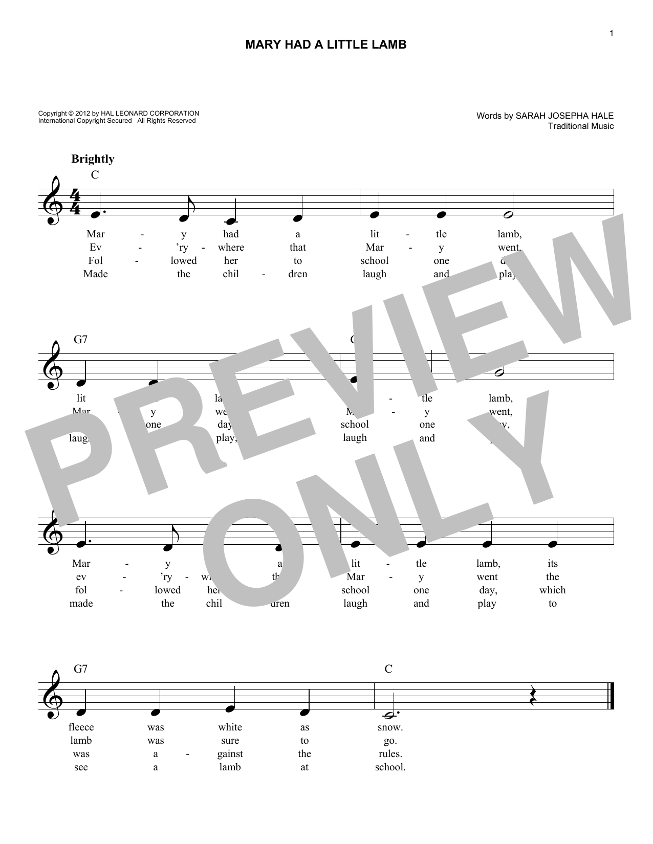 Mary Had A Little Lamb (Lead Sheet / Fake Book) von Traditional