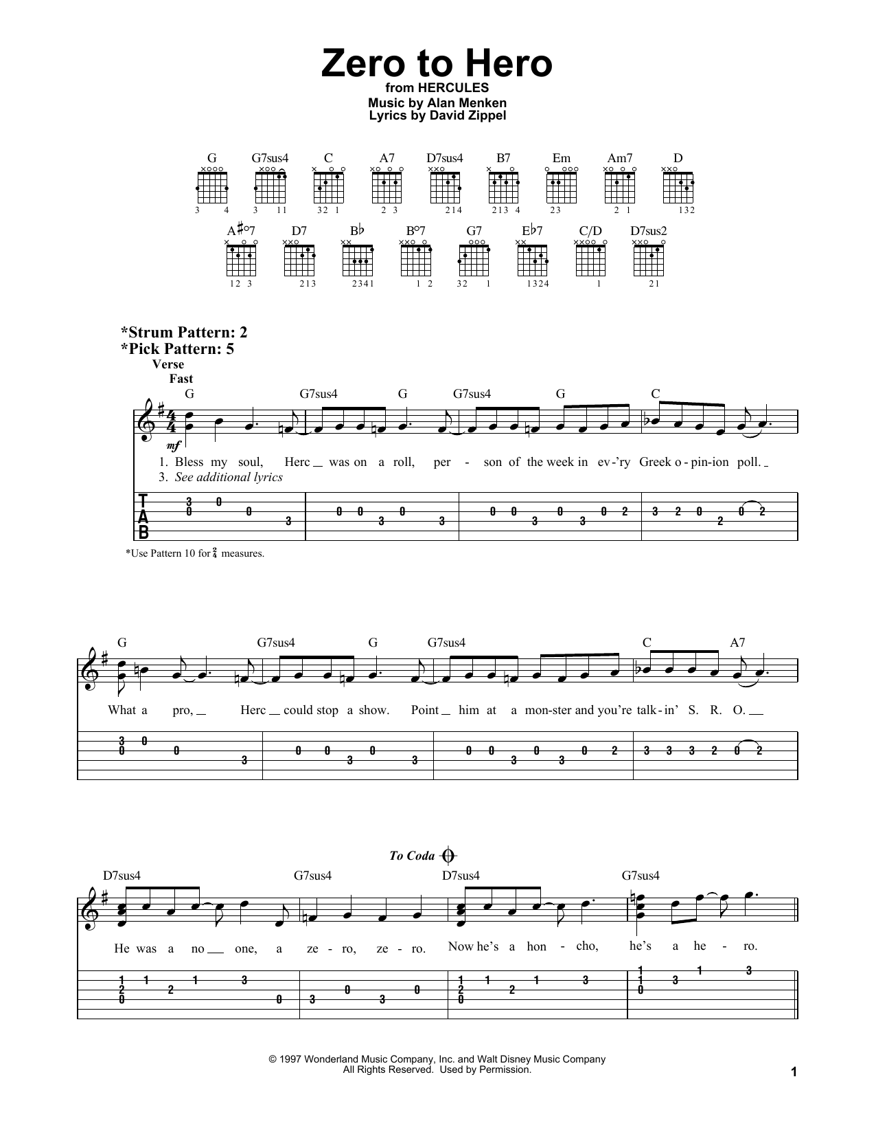 Zero To Hero (from Hercules) (Easy Guitar Tab) von Alan Menken & David Zippel