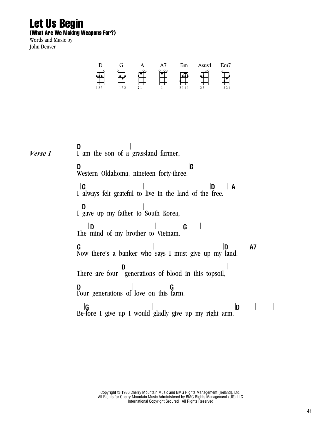 Let Us Begin (What Are We Making Weapons For?) (Ukulele Chords/Lyrics) von John Denver