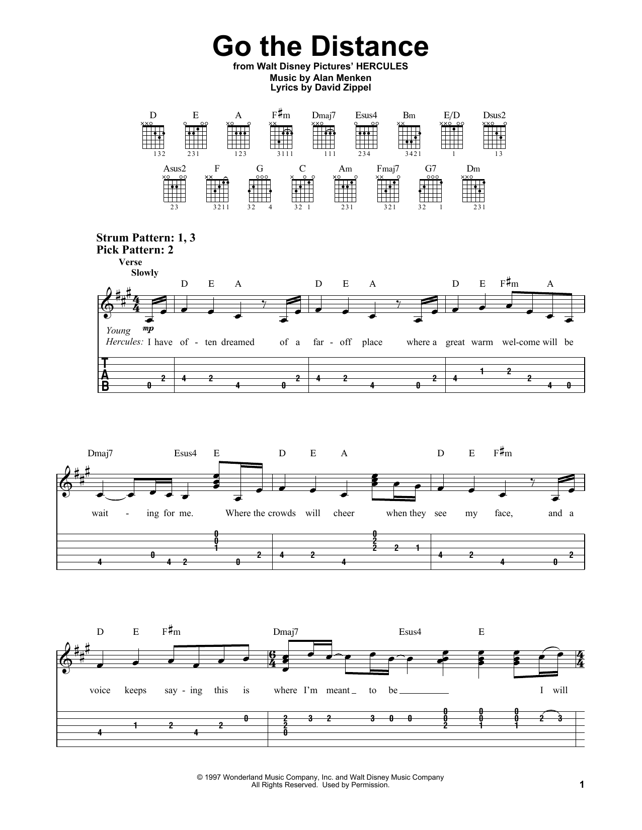 Go The Distance (from Hercules) (Easy Guitar Tab) von Alan Menken & David Zippel