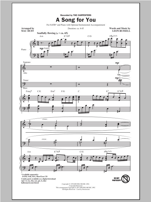 A Song For You (arr. Mac Huff) (SATB Choir) von The Carpenters