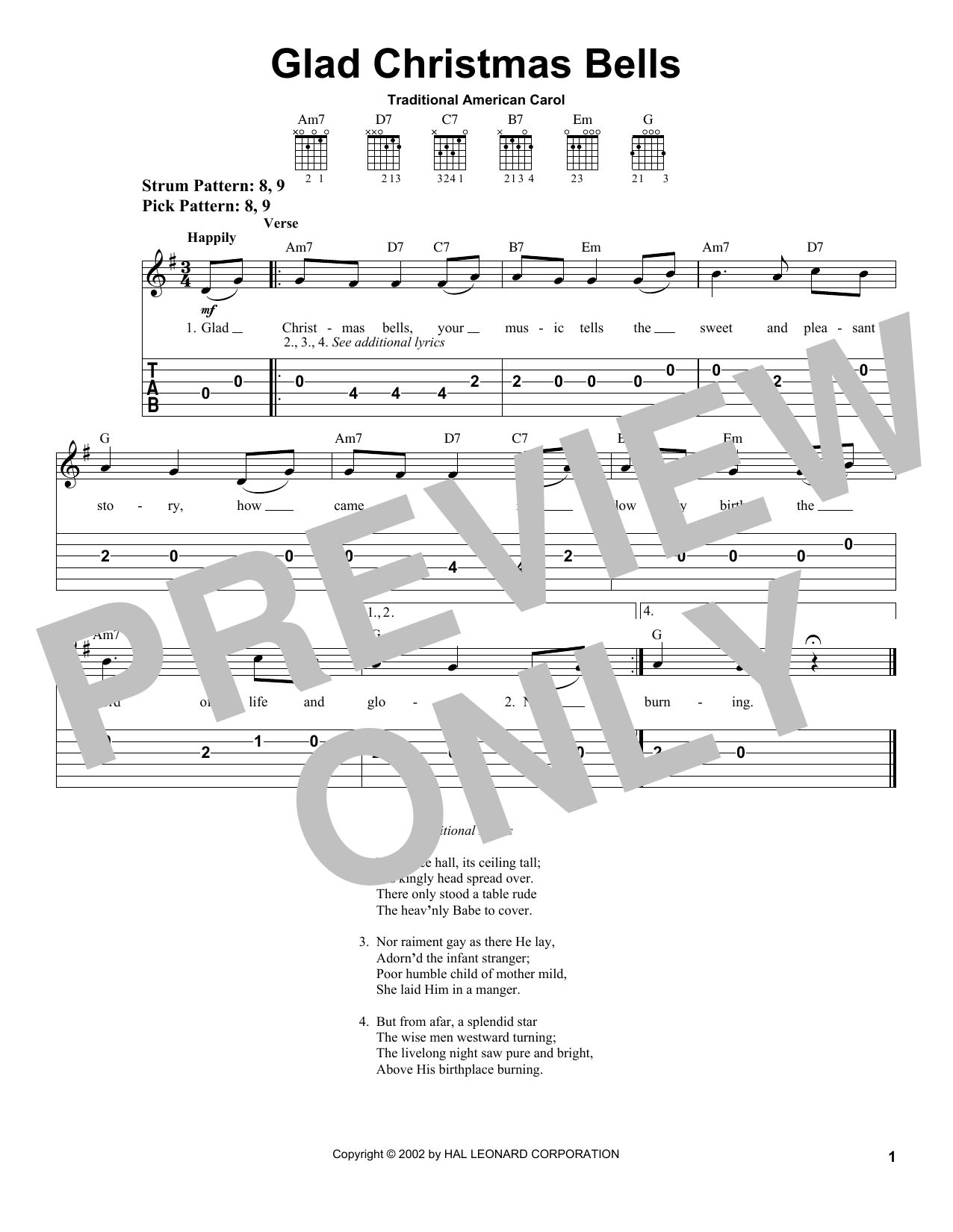 Glad Christmas Bells (Easy Guitar Tab) von Traditional American Carol