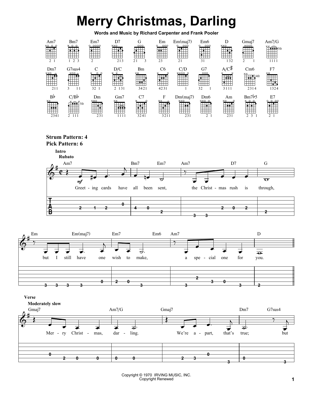 Merry Christmas, Darling (Easy Guitar Tab) von The Carpenters