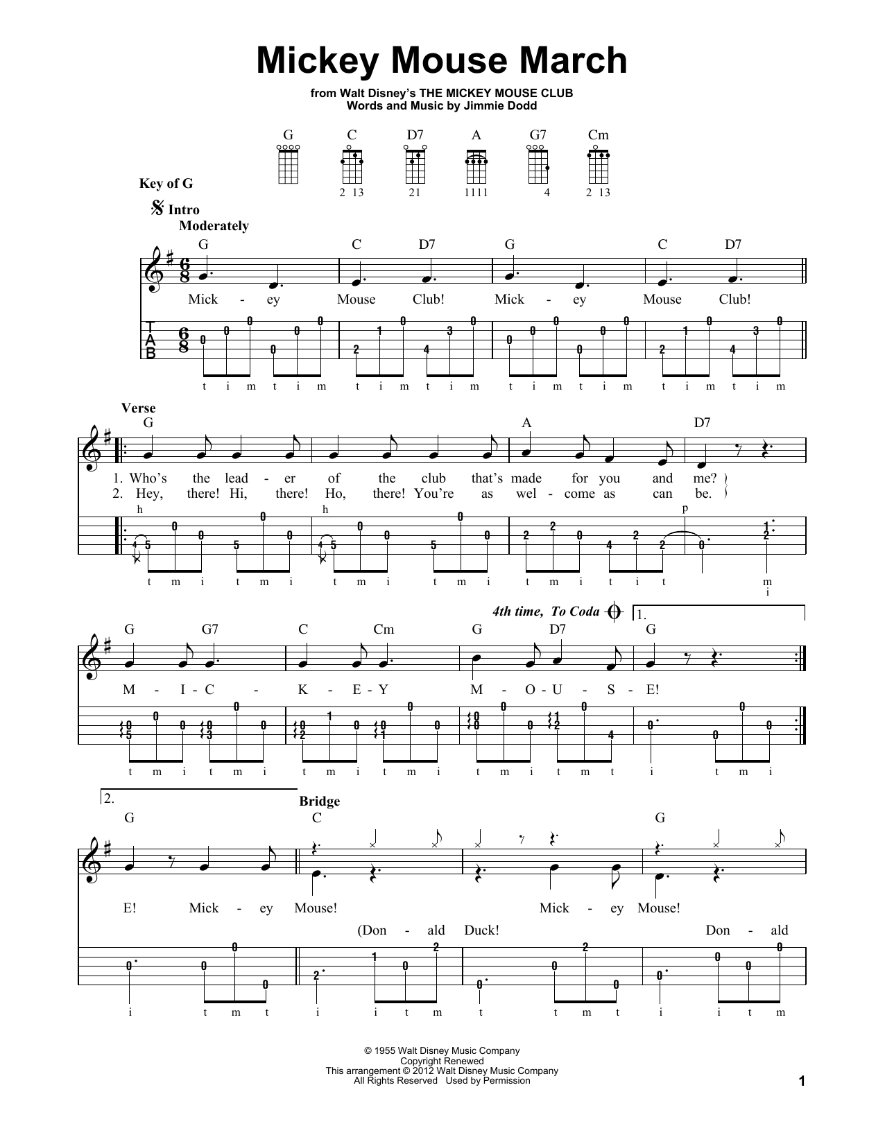 Mickey Mouse March (from The Mickey Mouse Club) (Banjo Tab) von Jimmie Dodd