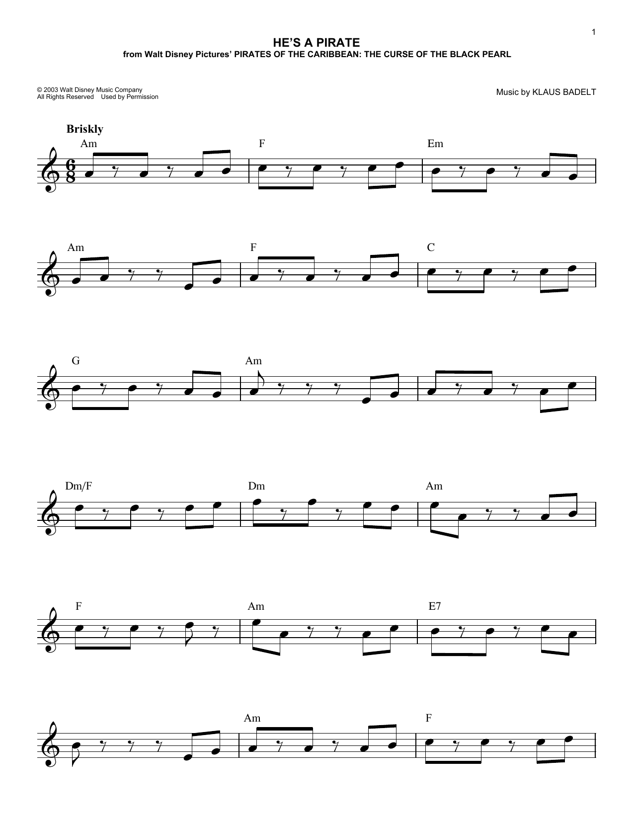 He's A Pirate (from Pirates Of The Caribbean: The Curse of the Black Pearl) (Lead Sheet / Fake Book) von Klaus Badelt