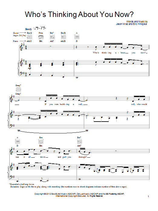 Who's Thinking About You Now? (Piano, Vocal & Guitar Chords (Right-Hand Melody)) von Jason Mraz