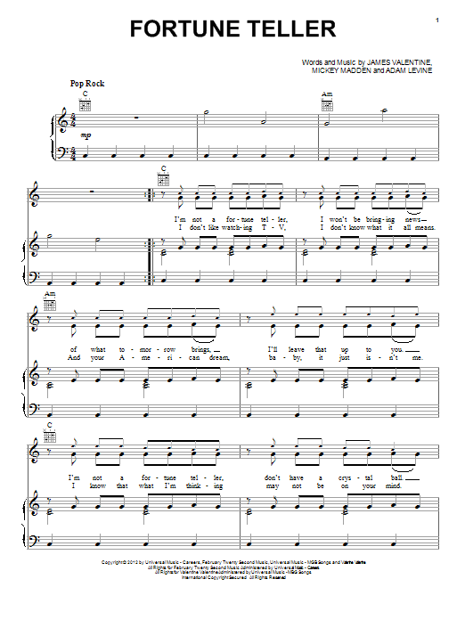 Fortune Teller (Piano, Vocal & Guitar Chords (Right-Hand Melody)) von Maroon 5