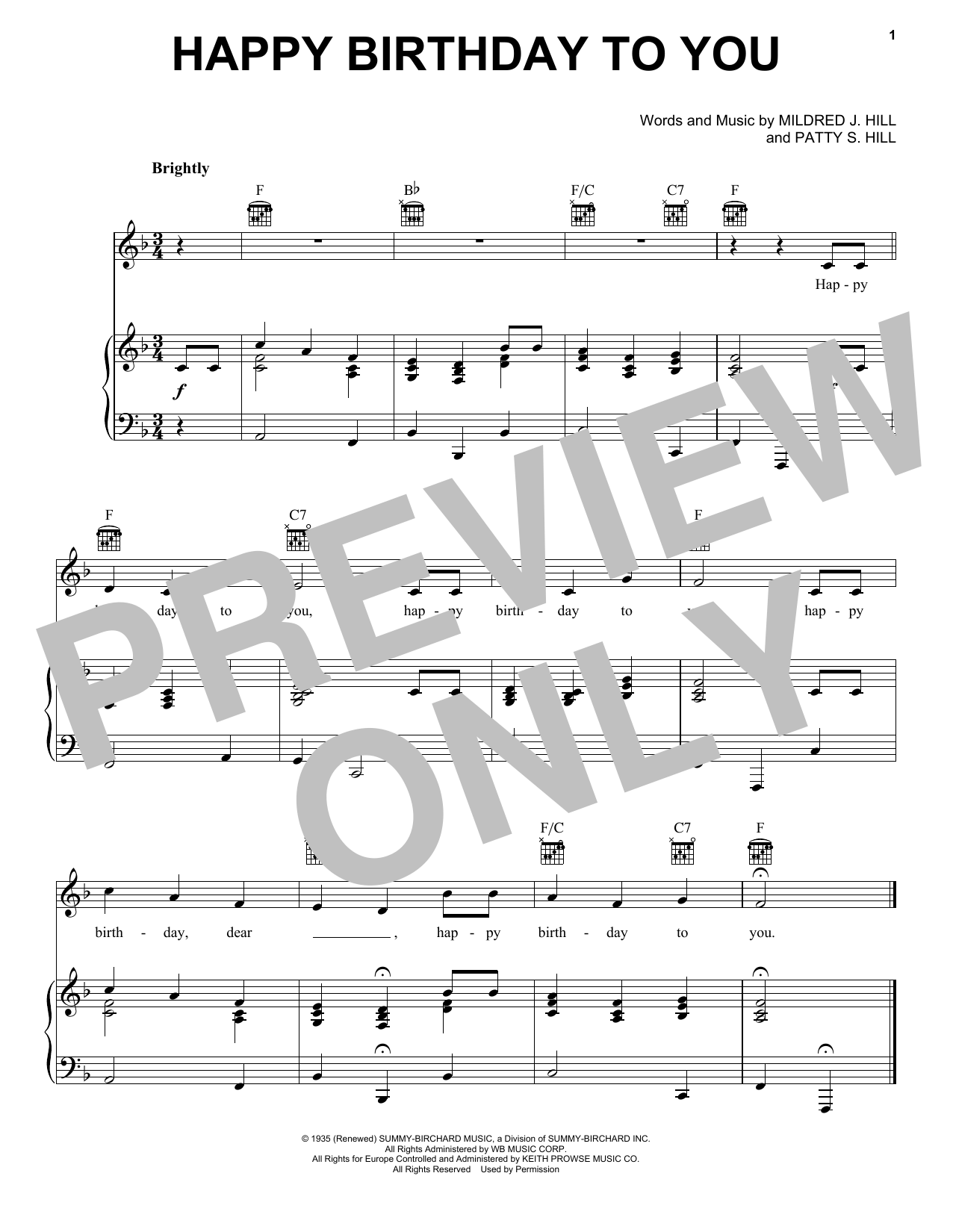 Happy Birthday To You (Piano, Vocal & Guitar Chords (Right-Hand Melody)) von Mildred J. Hill