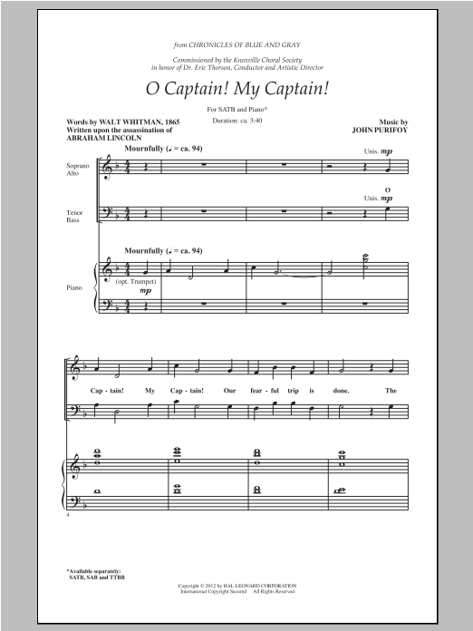 O Captain! My Captain! (SATB Choir) von John Purifoy