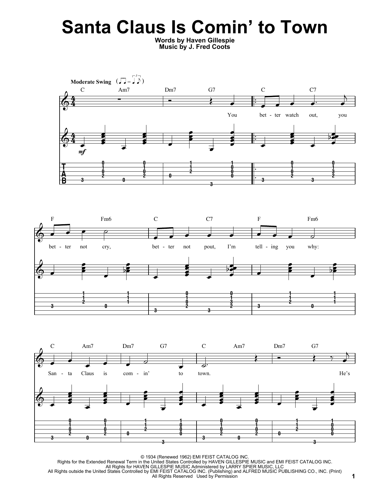Santa Claus Is Comin' To Town (Easy Guitar Tab) von J. Fred Coots