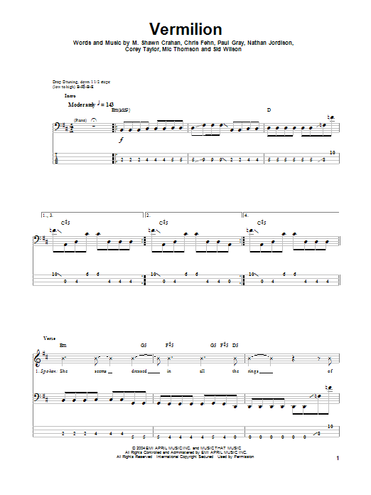 Vermilion (Bass Guitar Tab) von Slipknot