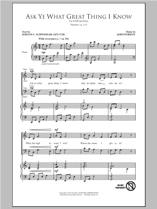 Ask Ye What Great Thing I Know (SATB Choir) von John Purifoy