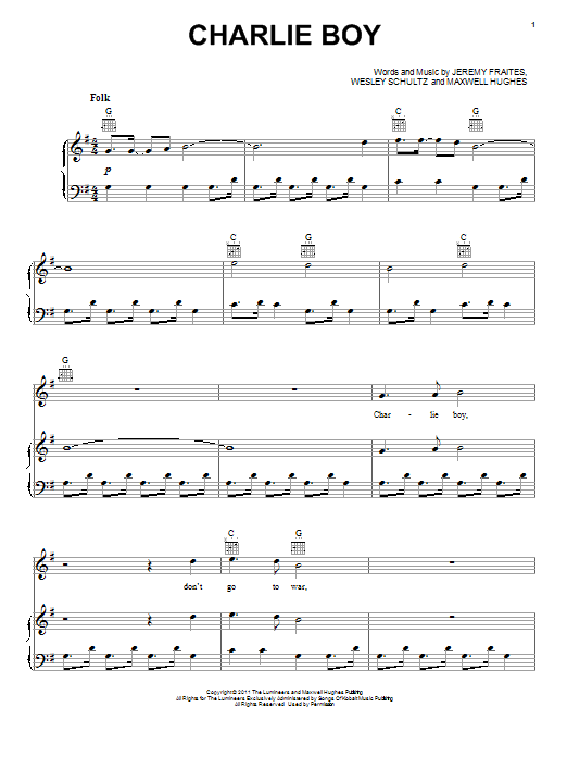 Charlie Boy (Piano, Vocal & Guitar Chords (Right-Hand Melody)) von The Lumineers