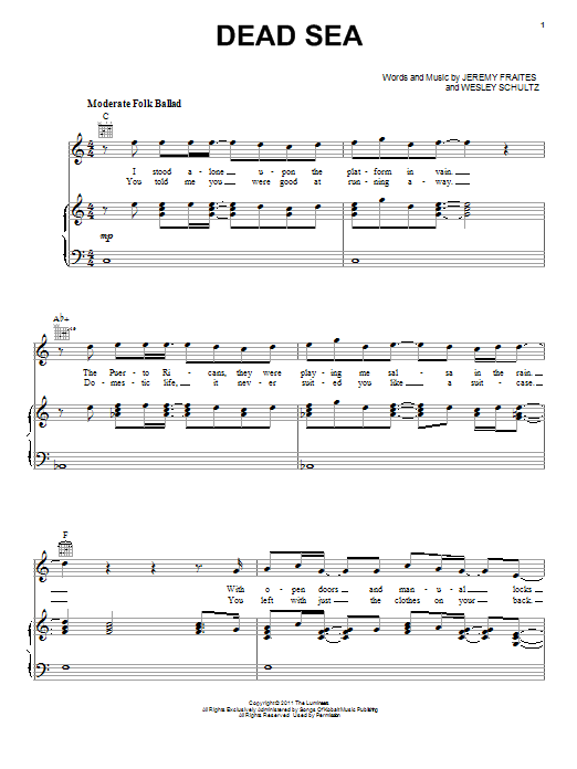 Dead Sea (Piano, Vocal & Guitar Chords (Right-Hand Melody)) von The Lumineers