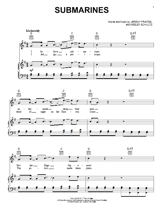 Submarines (Piano, Vocal & Guitar Chords (Right-Hand Melody)) von The Lumineers