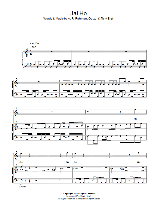Jai Ho (Piano, Vocal & Guitar Chords) von A. R. Rahman