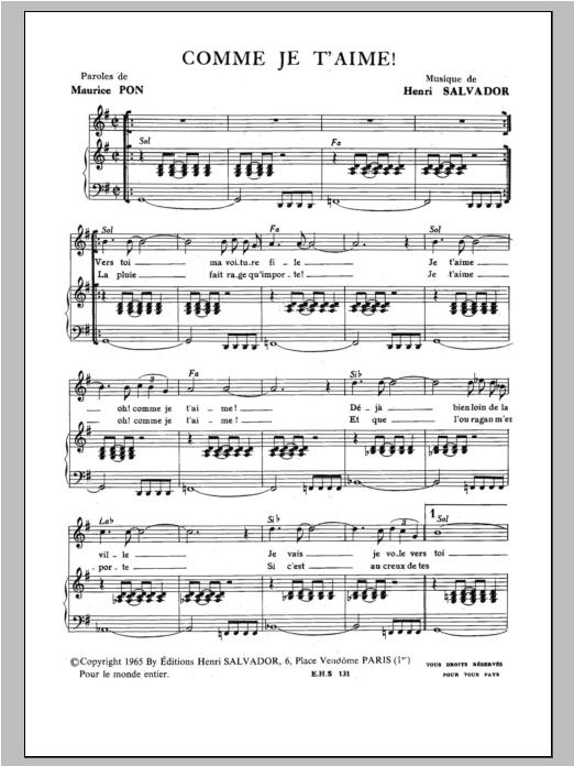 Comme Je T'aime (Piano & Vocal) von Henri Salvador