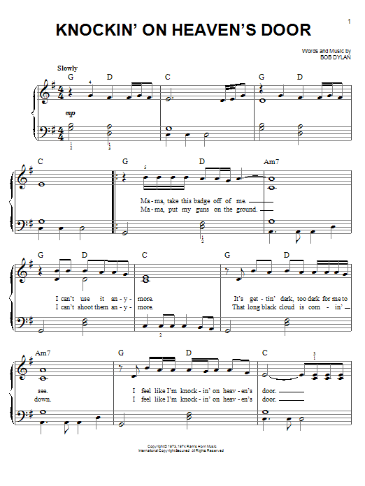 Knockin' On Heaven's Door (Easy Piano) von Bob Dylan