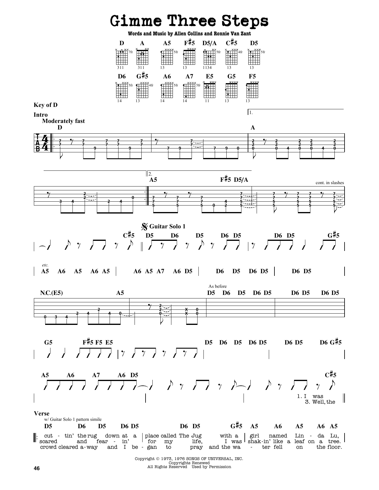 Gimme Three Steps (Guitar Lead Sheet) von Lynyrd Skynyrd