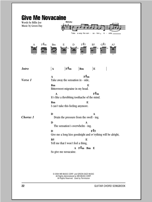 Give Me Novacaine (Guitar Chords/Lyrics) von Green Day