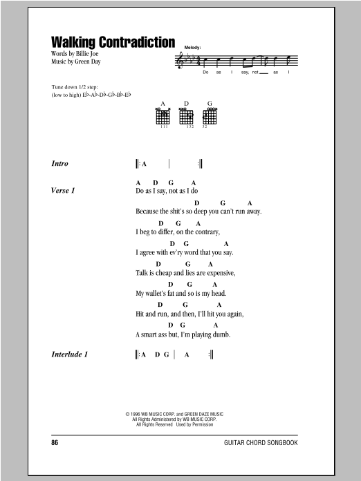 Walking Contradiction (Guitar Chords/Lyrics) von Green Day