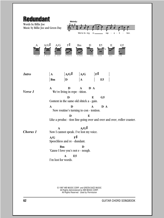 Redundant (Guitar Chords/Lyrics) von Green Day