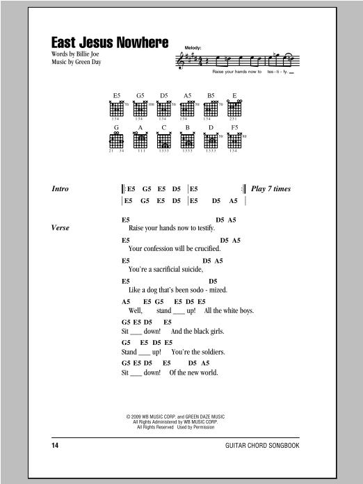 East Jesus Nowhere (Guitar Chords/Lyrics) von Green Day