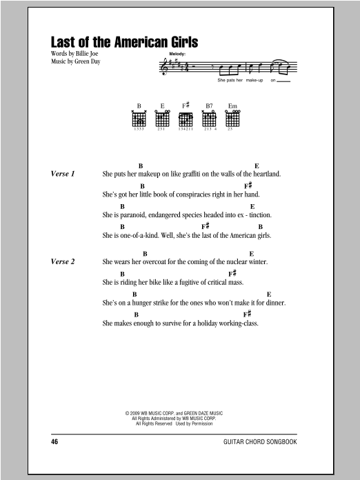 Last Of The American Girls (Guitar Chords/Lyrics) von Green Day