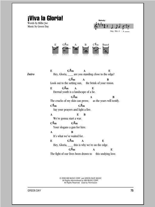 Viva La Gloria! (Guitar Chords/Lyrics) von Green Day