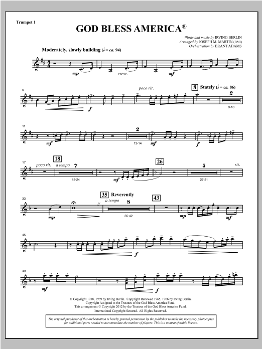 God Bless America - Bb Trumpet 1 (Choir Instrumental Pak) von Joseph Martin